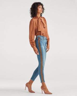 7 for All Mankind + Luxe Vintage High Waist Ankle Skinny With Bronze Lurex Stripe in Muse