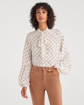 7 for All Mankind + Tie Neck Blouse in Soft White Chain Print