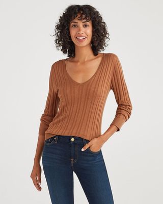 7 for All Mankind + Cashmere Blend Long Sleeve Deep V-Neck in Penny
