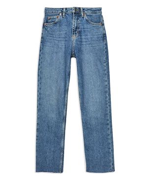 Topshop + Mid Blue Raw Hem Straight Jeans