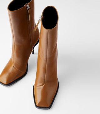 Zara + Heeled Leather Square Toe Ankle Boots