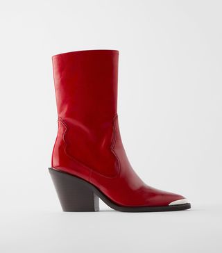 Zara + Leather Heeled Cowboy Ankle Boots With Metal Detail