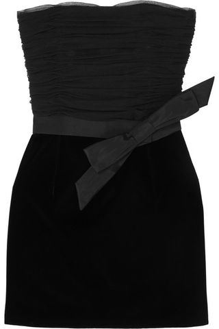 Saint Laurent + Strapless Bow-Detailed Ruched Organza And Velvet Mini Dress