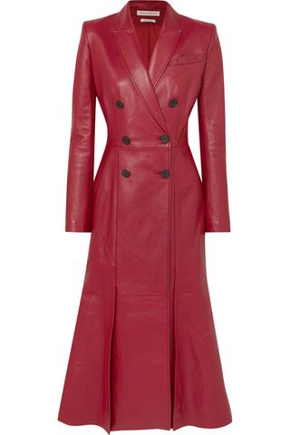 Alexander McQueen + Double-Breasted Pleated Leather Coat