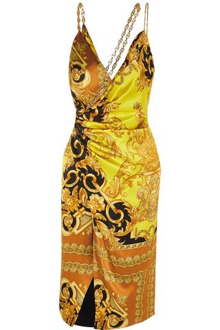 Versace + Ruched Embellished Printed Silk-Satin Midi Dress