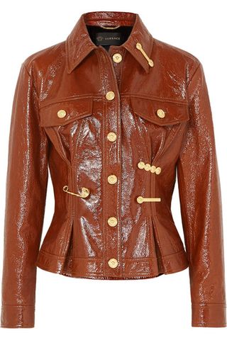 Versace + Embellished Textured Patent-Leather Peplum Jacket