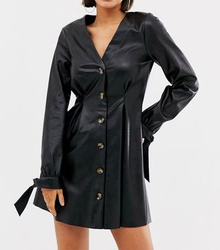 ASOS Design + Leather Look Button Through Mini Skater Dress With Tie Sleeves