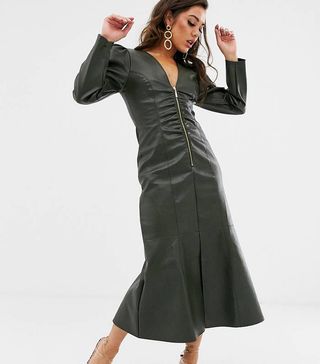 ASOS Design + Leather Look Zip Through Midi Dress With Pephem