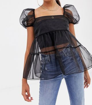 ASOS Design + Short Sleeve Tiered Organza Top With Ruffle Detail