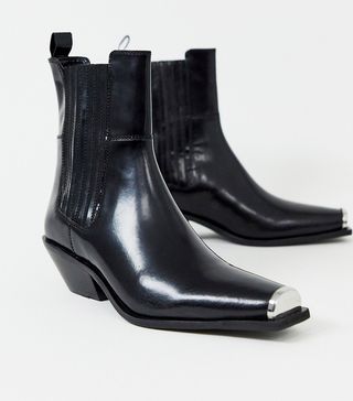 ASOS Design + Ambition Premium Metal Toe Western Boots in Black Leather