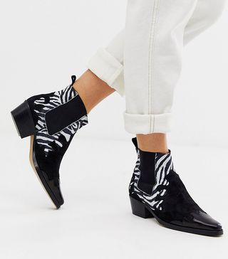 ASOS White + Snapdragon Leather Western Ankle Boots in Black and Zebra