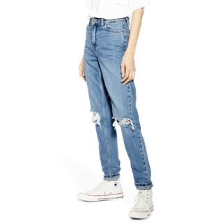 Topshop + High-Waist Ripped-Knee Jeans