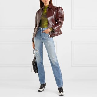 Pushbutton + Glossed Faux-Leather Jacket