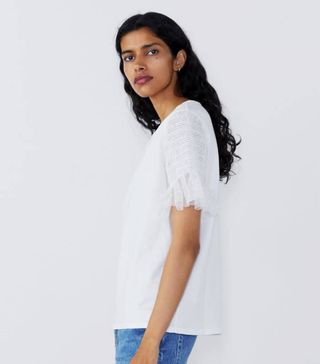 Zara + T-Shirt With Dotted Mesh Sleeves
