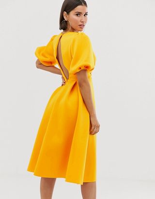 ASOS Design + Bubble Sleeve Twist Detail Midi Prom Dress