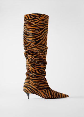 Zara + Leather Animal Print Kitten Heel Boots