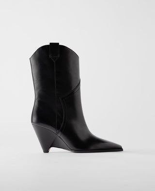 Zara + Heeled Leather Wedge Cowboy Boots
