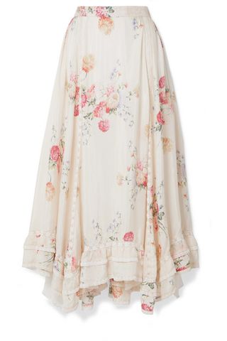 LoveShackFancy + Navya Asymmetric Lace-Trimmed Floral-Print Washed-Silk Skirt