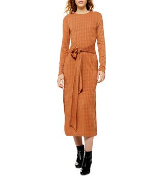 Topshop + Tie-Waist Long-Sleeve Knit Midi Dress