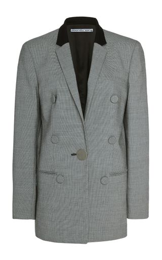 Alexander Wang + Leather-Trimmed Houndstooth Wool Blazer