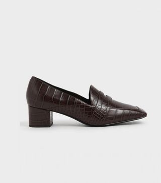 Charles 
Keith + Croc-Effect Square Toe Block Heel Loafers