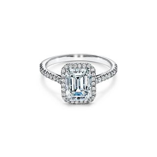 Tiffany & Co. + Emerald-Cut Halo Engagement Ring with a Diamond Platinum Band
