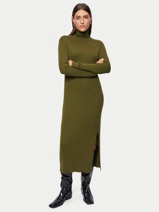 Jigsaw + Ribbed Knit Polo Neck Dress in Green