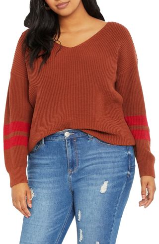 Eloquii + Stripe Sleeve Cotton Blend Shaker Stitch Sweater