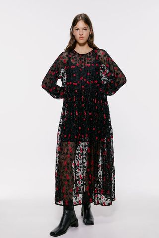 Zara + Floral Embroidered Dress