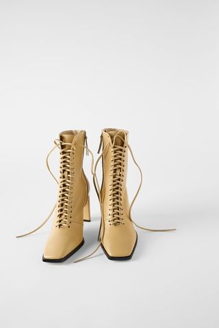 Zara + Laced Leather High-Heel Ankle Boots