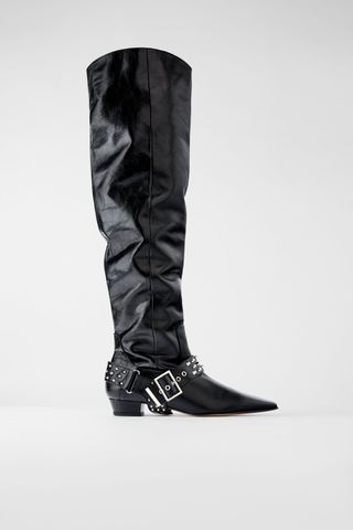 Zara + Low Heeled Leather Cowboy Boots