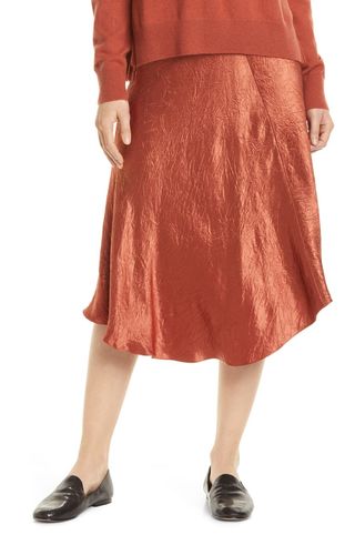 Vince + Bias Cut Crinkled Satin Midi Skirt