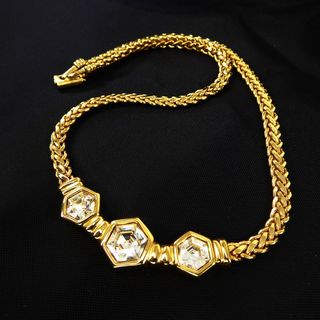 Vintage Swarovski + Clear Hexagon Rhinestone & Gold Tone Braided Chain Necklace