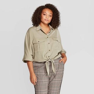 Who What Wear x Target + Elbow Sleeve Collared Front Button-Down Blouse