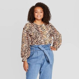 Who What Wear x Target + Animal Print Long Sleeve Scoop Neck Ruffle Shoulder Blouse