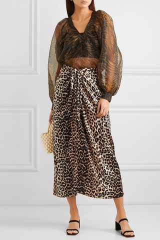 Ganni + Tie-Front Leopard-Print Silk-Blend Satin Midi Skirt