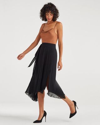 7 For All Mankind + Pleated Double Slit Wrap Skirt in Jet Black