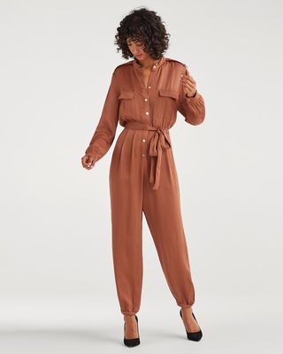 7 For All Mankind + Satin Button Up Jump Suit in Penny