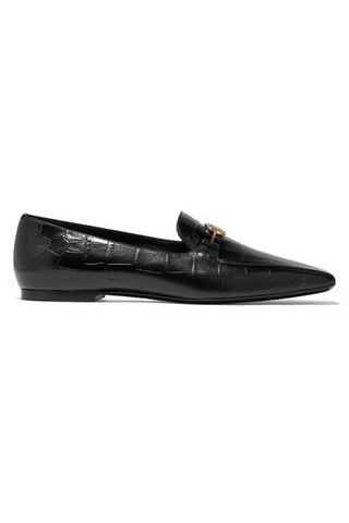 Burberry + Logo-Embellished Glossed Croc-Effect Leather Loafers