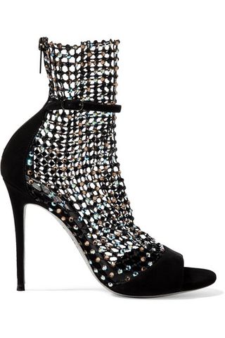 René Caovilla + Crystal-Embellished Mesh and Suede Sandals