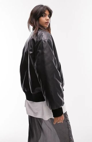 Topshop + Faux Leather Cropped Bomber Jacket