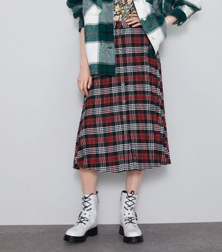 Zara + Pleated Plaid Skirt