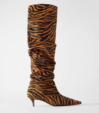 Zara + Leather Animal Print Kitten Heel Boots