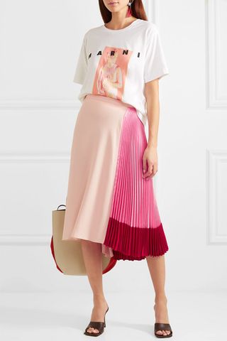 Marni + Pleated Color-Block Satin and Crepe Skirt