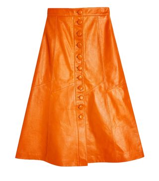 Topshop + Orange Leather Button Midi Skirt