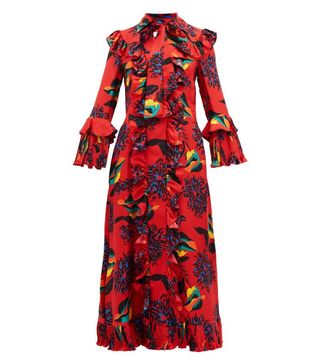 La DoubleJ + Floral-print ruffle-trimmed silk midi dress