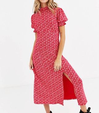 Miss Selfridge + midi dress with high neck in floral print