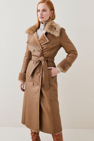 Karen Millen + Shearling Collar & Merino Leather Coat