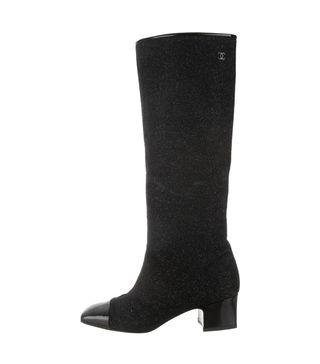 Chanel + CC Glitter Knit Knee-High Boots