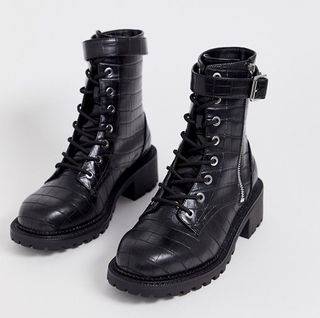 ASOS + Wide Fit Anya Hardware Lace-Up Boots in Black Croc